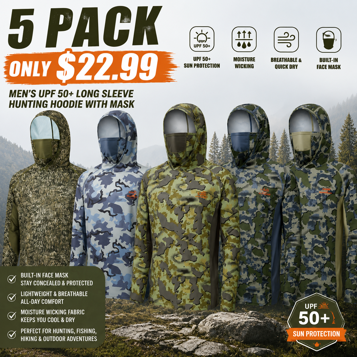 Men’s UPF 50+ Long Sleeve Fishing Hoodie with UV Neck Gaiter