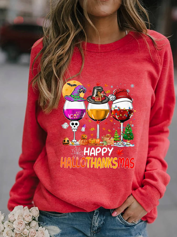 Women's Happy Hallothanksmas Wine Print Sweatshirt