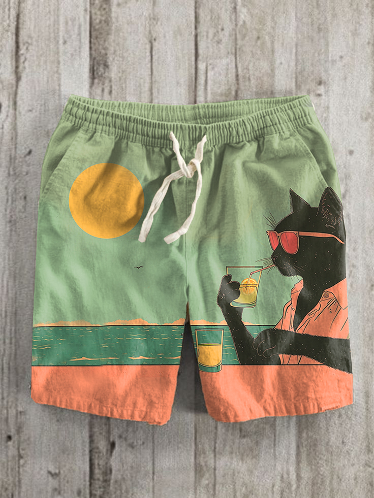 Men's Summer Lazy Holiday Cocktail Black Cat Art Print Shorts