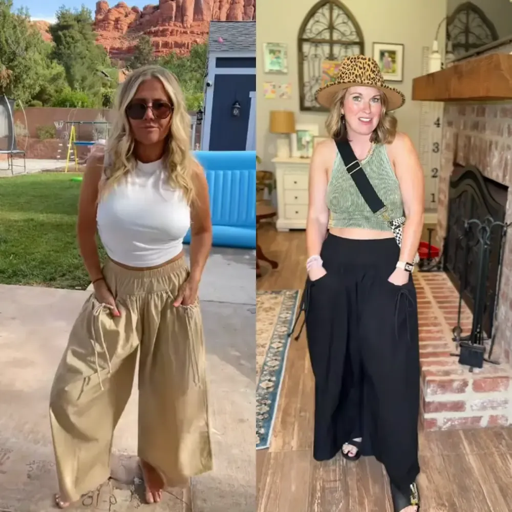 Women's Loose Wide Leg Track Pants Boho Sport Style Drawstring Pockets Elastic Waist Capri Hiking