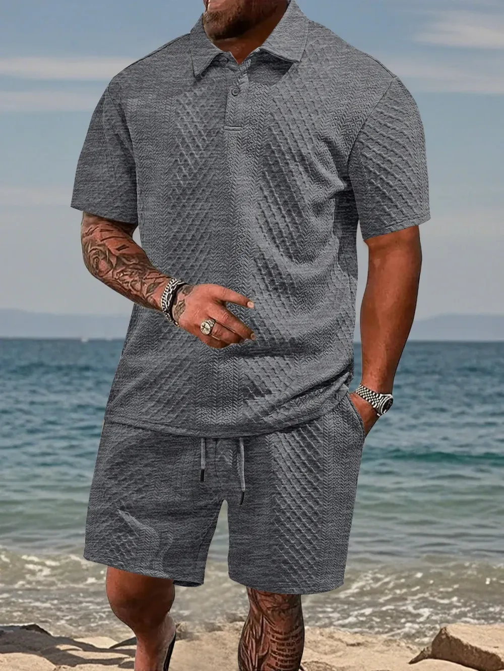 🔥Men's Solid Polo Shirt & Drawstring Waist Shorts Set, Cozy Breathable Two-piece Outfits for Daily Outdoor Wear, Men Clothes for Summer