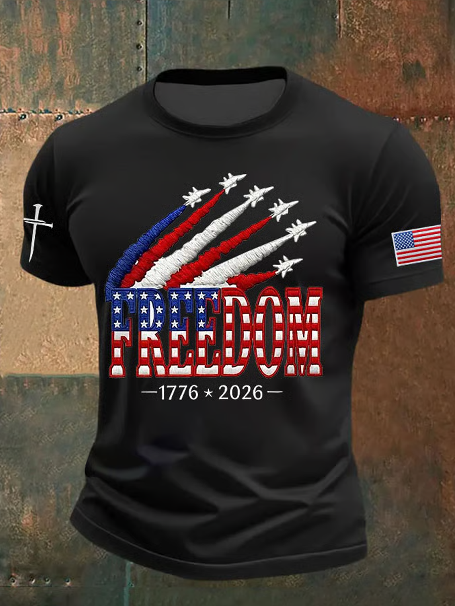 Men's Retro Freedom American Flag Cross Print Round Neck T-Shirt