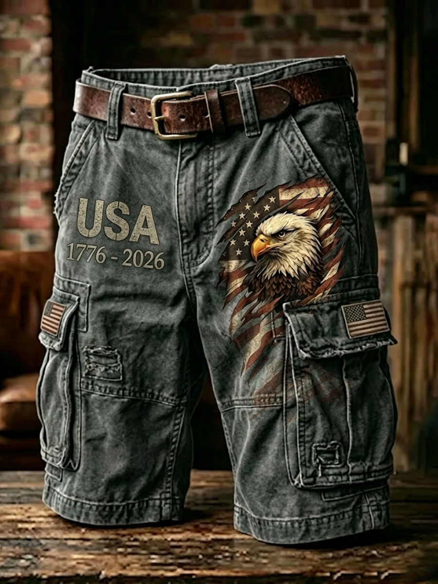 Men'S Independence Day American Flag Jet Planes Faith Print Casual Cargo Shorts