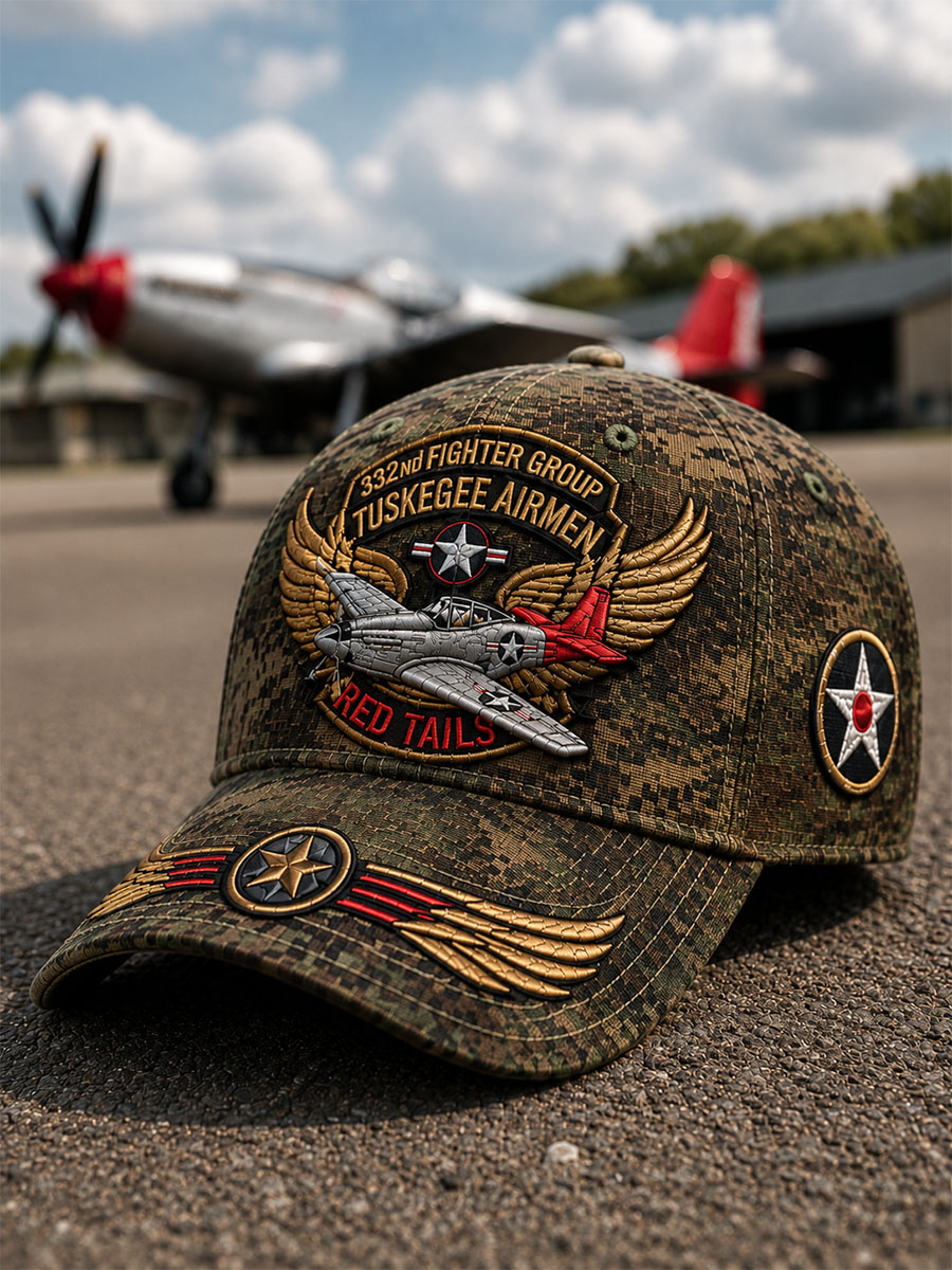Tuskegee Airmen Red Tails Camo Baseball Cap – 332nd Fighter Group Fighter Plane Tribute Hat