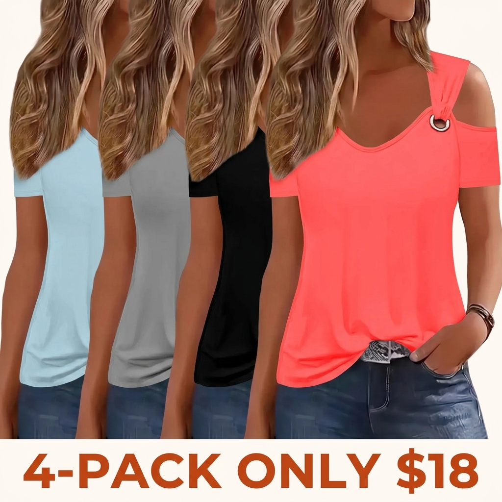 Women's Summer V-Neck Short Sleeve Casual Fashion Slim-Fitting Top, Large Eyelet Hollow Out Design