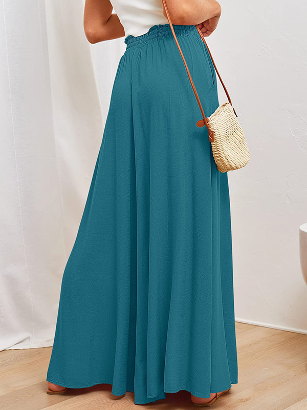 Drawstring Elasticity Pleated Pockets Solid Color High Waisted Loose Trousers Pants