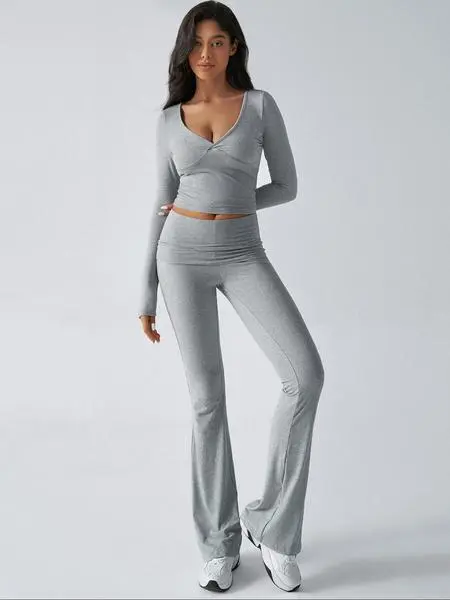 Elegant Casual V-Neck Long Sleeve Basic Two-Piece Outfit Set