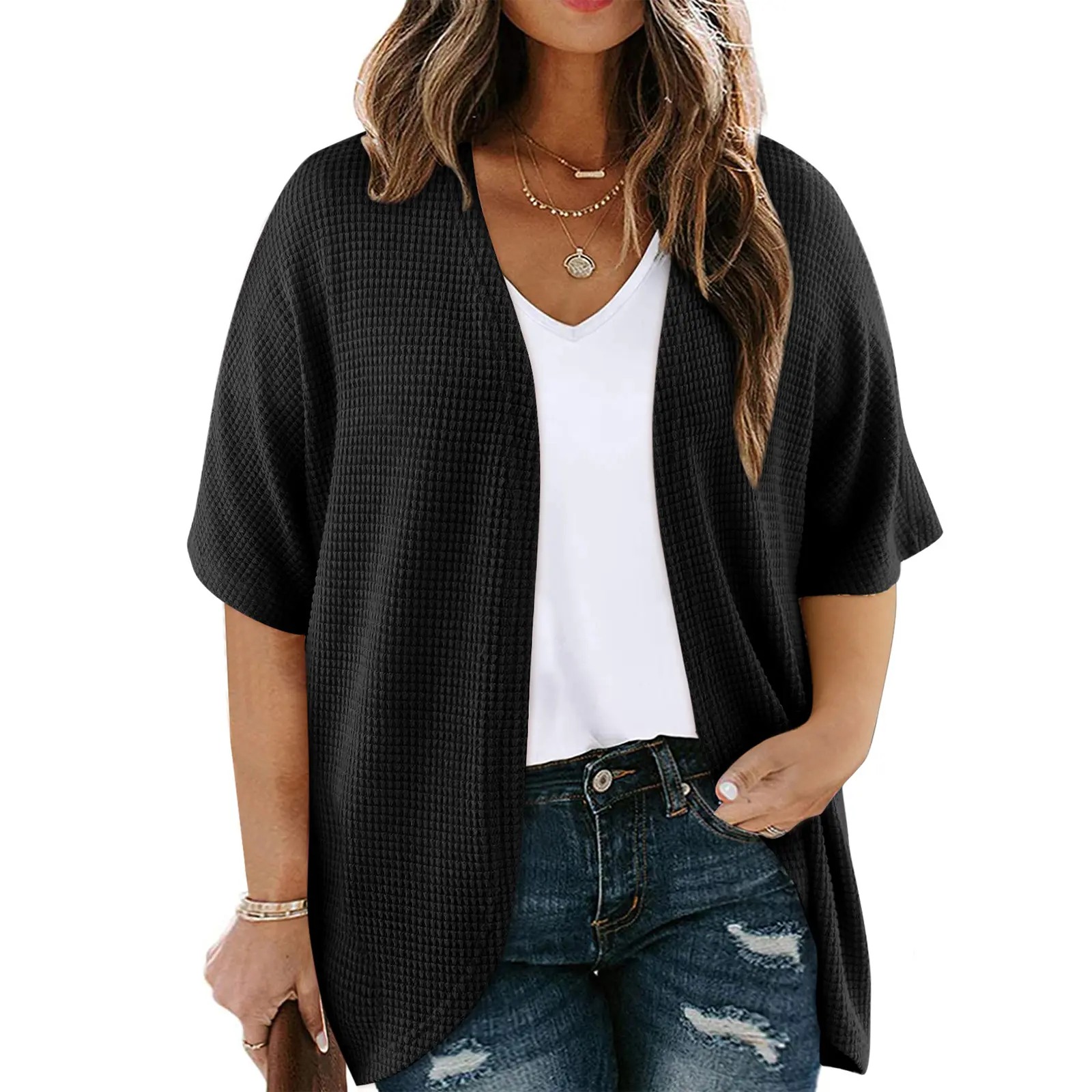 Women's Plus Size Cardigan Casual Short Sleeve Waffle Knit Kimono Open Front Tops(1X-5X)