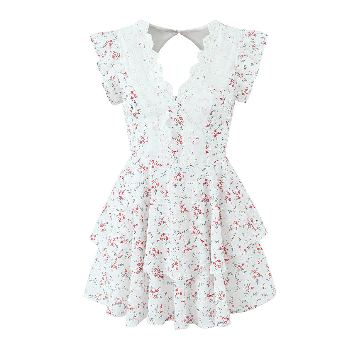 French Lace Floral V-neck Short Sleeve Mini Dress