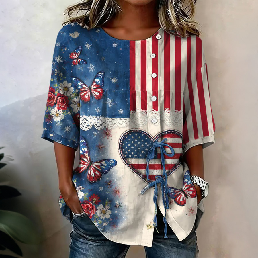 Women's Casual Cotton-Linen Top with U.S. 250th Anniversary Print