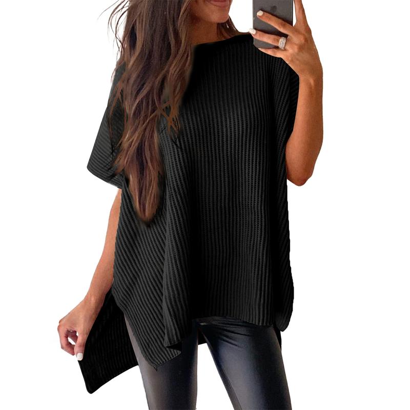 Women’s Oversized Ribbed Knit Top – Crew Neck Short Sleeve Pullover with Side Slit