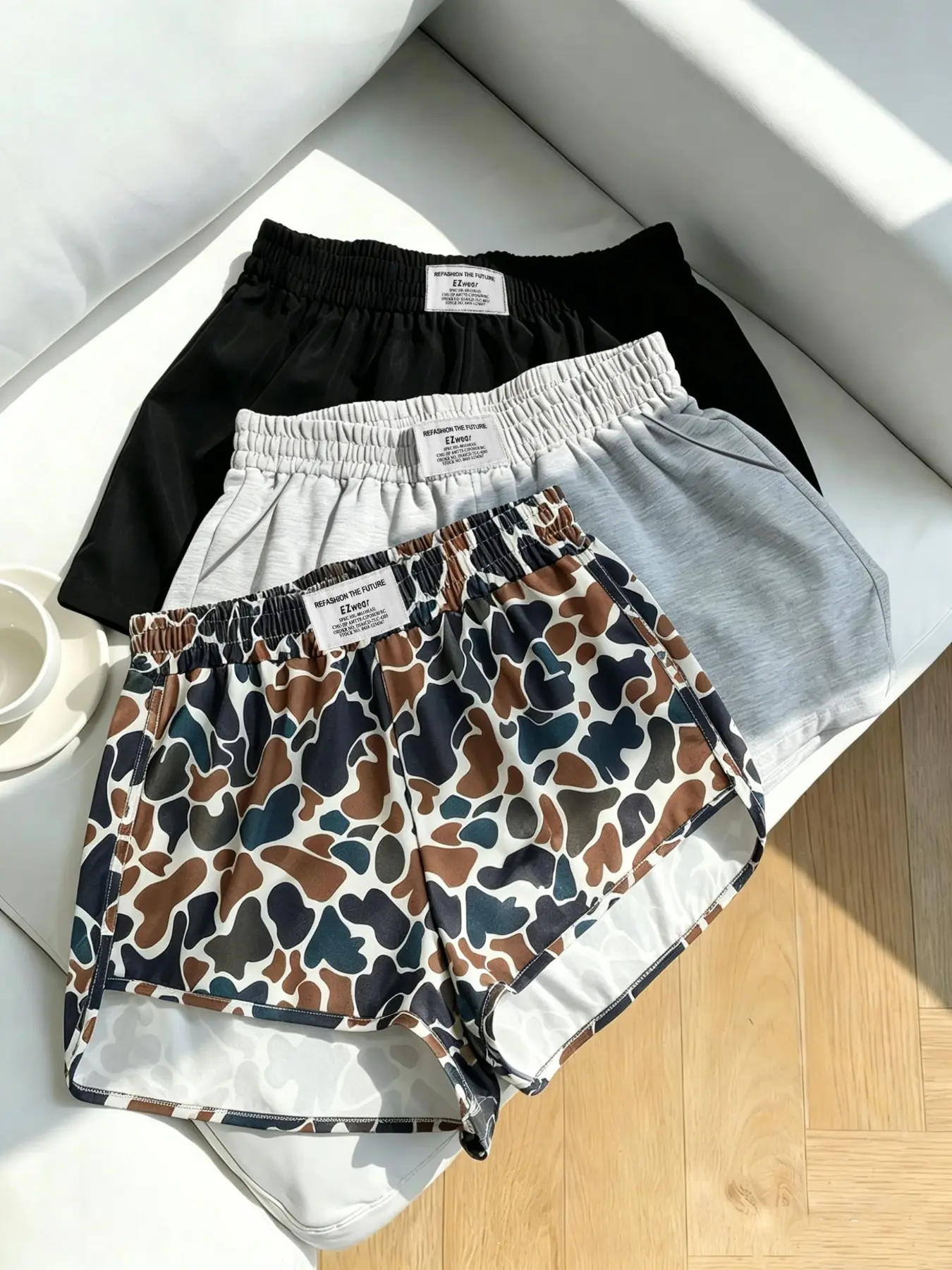 Women's Casual Loose Fit Baggy Shorts, Elastic Waist Camo Print and Solid Color, Summer All-Season Versatile Pants, 3 Piece Set