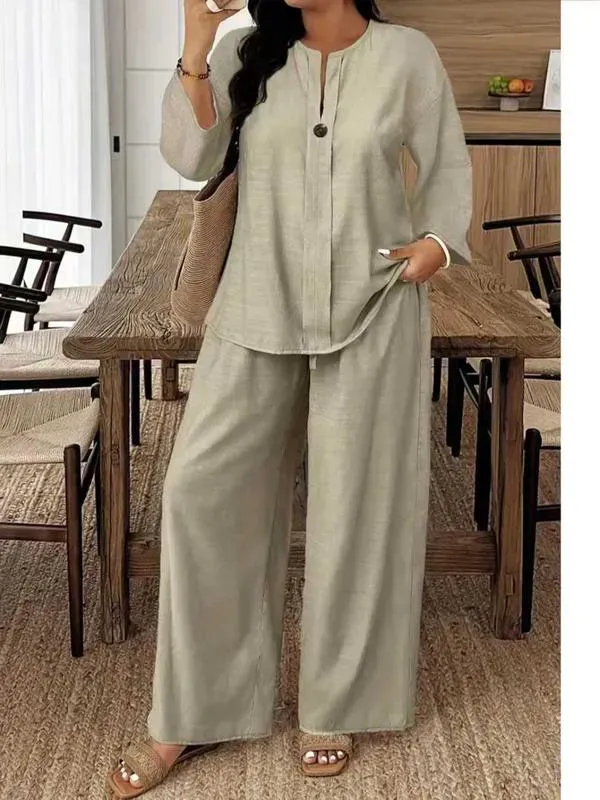 🔥Women's Casual Breathable Long Sleeve Shirt and Loose Pants Two-Piece Set