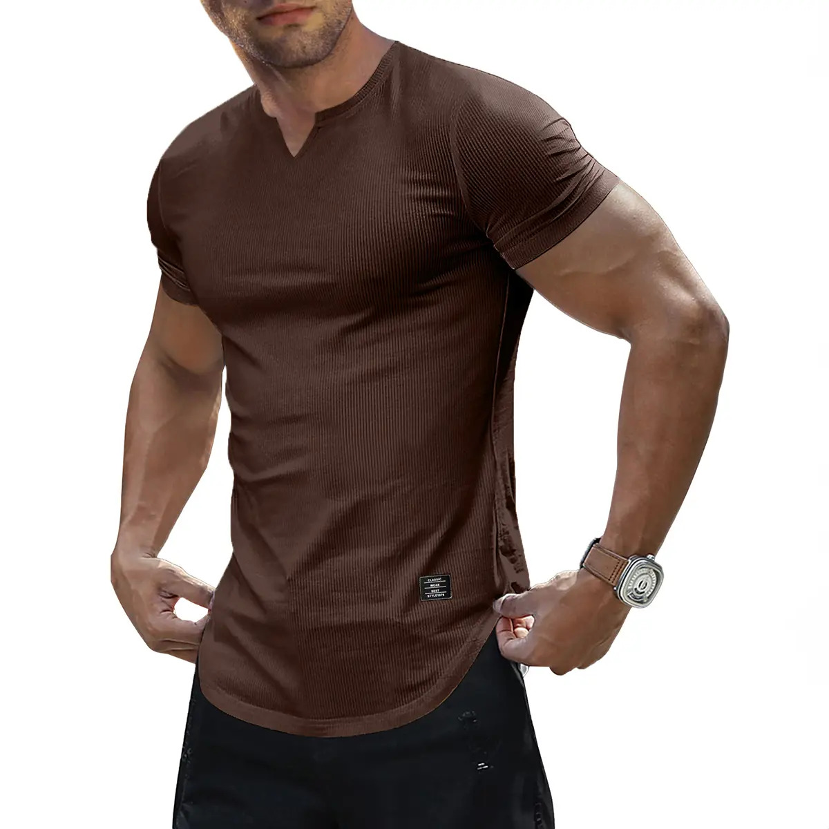 Men's Solid-Color Slim-Fit Long V-Neck T-Shirt