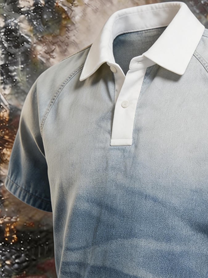 Men's Ombre Gradient Washed Denim Polo Shirt, Contrast White Rib Collar Raglan Short Sleeve Casual Streetwear Retro Pullover Top