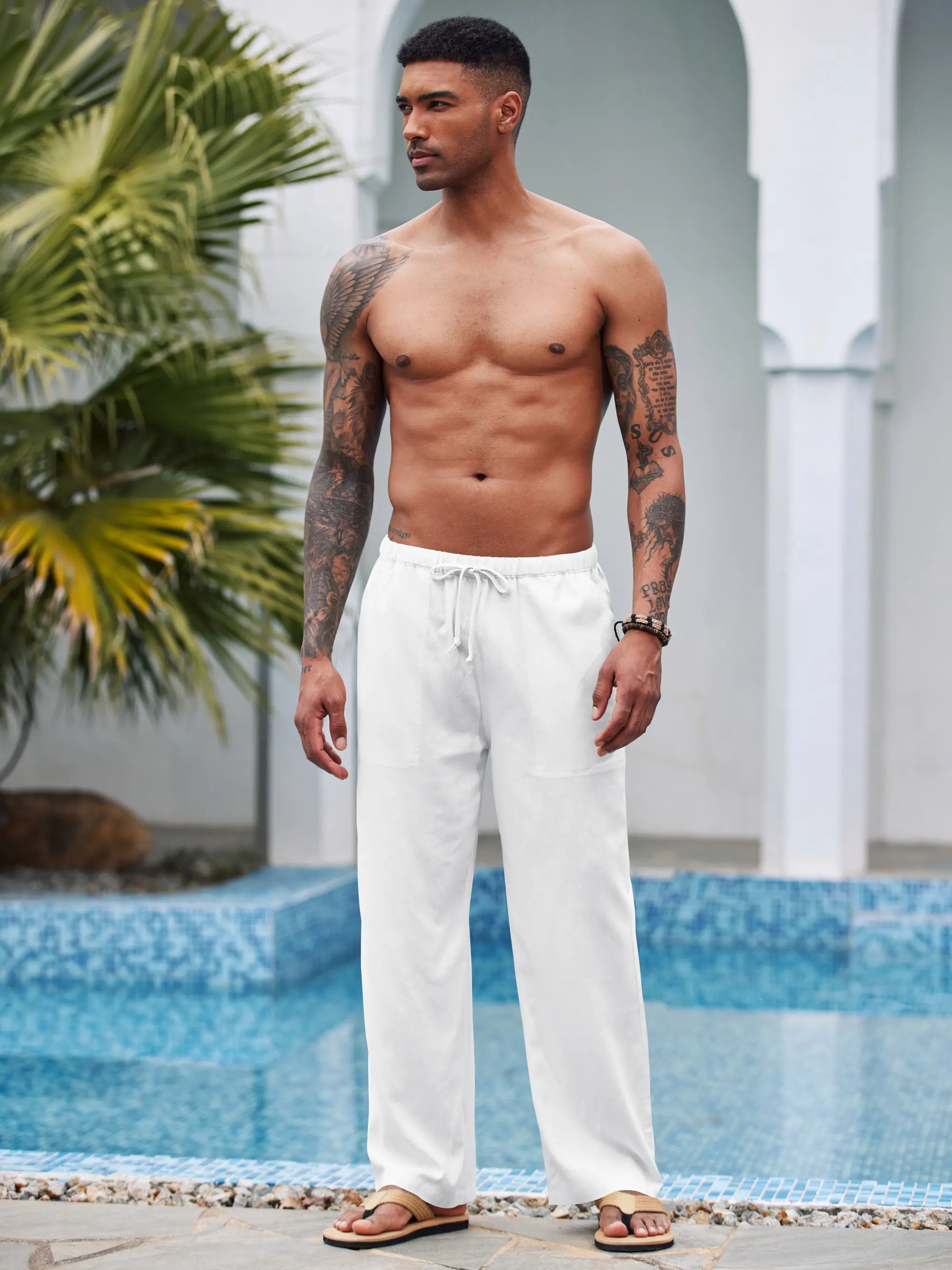 New York Fashion Week Linen Yoga Elastic Beach Vacation Pants Cotton Fabric Bottom Breathable Drawstring Light Loose Comfort Fit Adjustable Summer Trouser