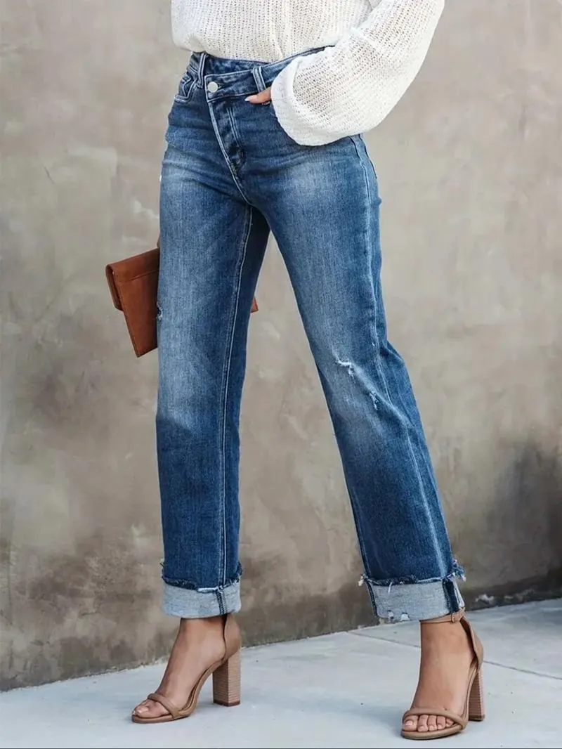 Women's Solid Color Jeans, Casual Comfy Denim Pants for Daily Wear, Ladies Bottoms for All Seasons