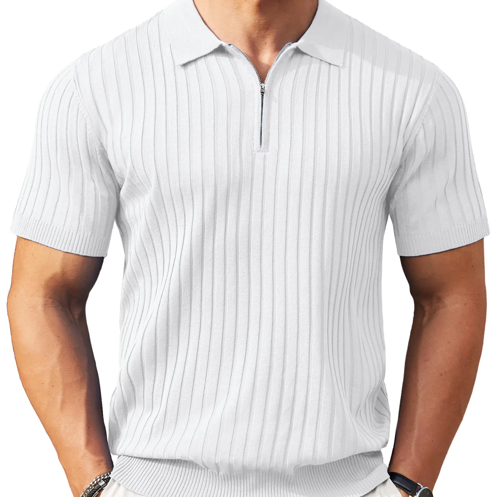 New York Fashion Week Men's Zipper Polo Shirts Short Sleeve Ribbed Knit Polo T Shirts