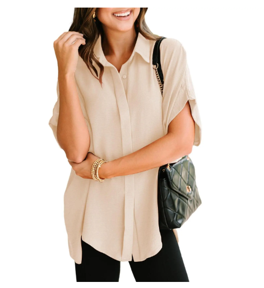 Women's Tops Dressy Casual V Neck Button Down Shirts Solid Short Sleeve Blouses Oversized Fit