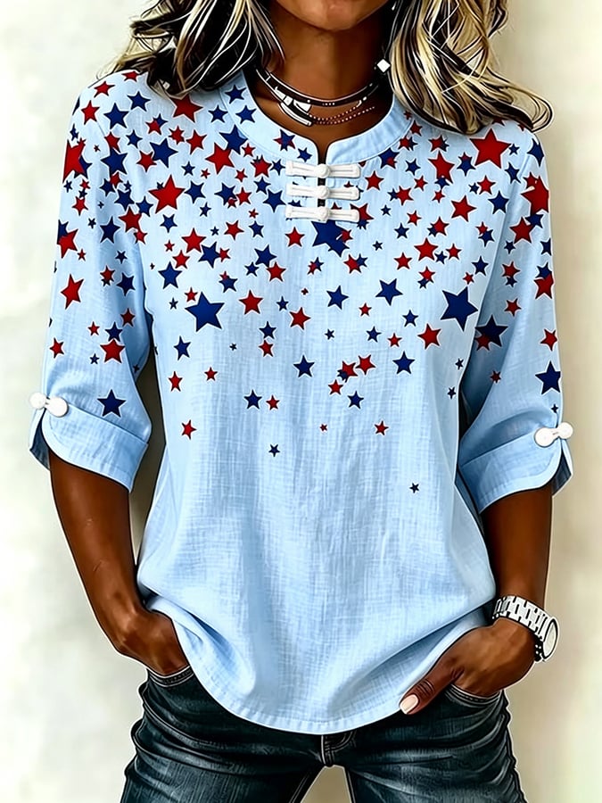 Women's Retro America's 250th Anniversary American Flag Print Button-Up Top