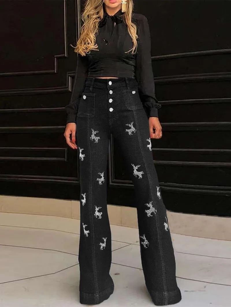 Women's Plain Flare Leg Jeans with Button & Pockets , Casual Bell Bottom Trousers for Daily Wear