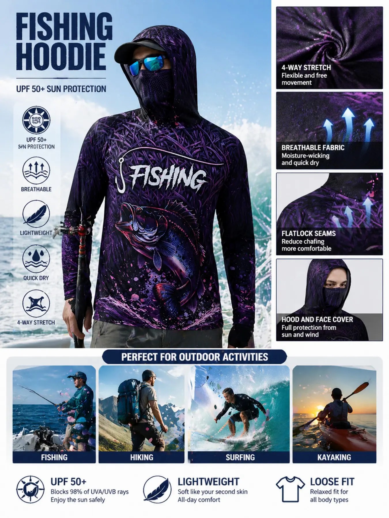 Men’s Hooded Fishing Shirt with Face Mask – UV Protection Gradient Outdoor Hoodie