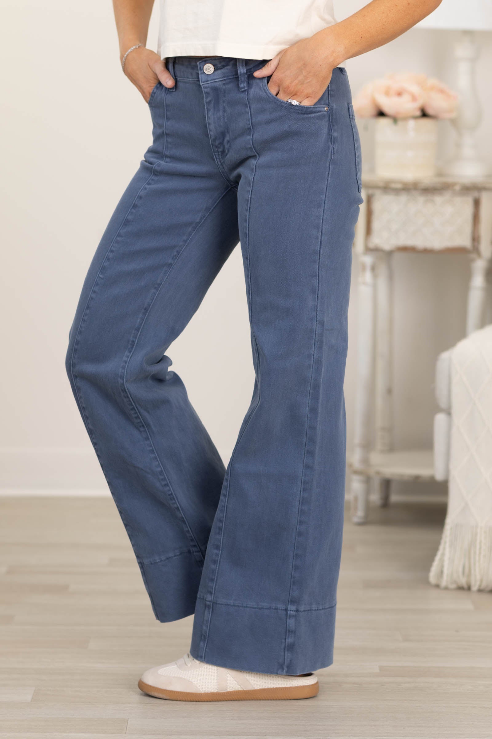 Mid Rise Wide Leg Color Denim Pants