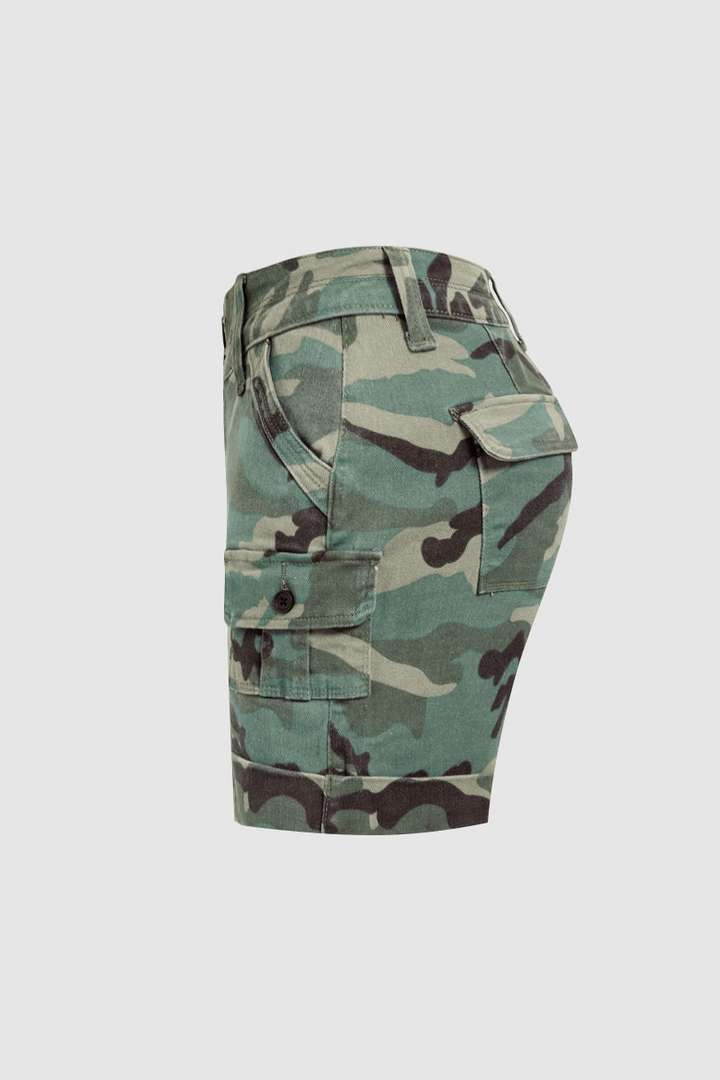 Mother's Day Sale💕Camo Print Roll Hem Flap Pocket Mid Rise Shorts