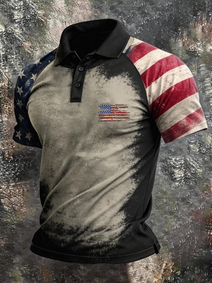 Men's Retro Patriot Color Block Polo Collar Short Sleeve
