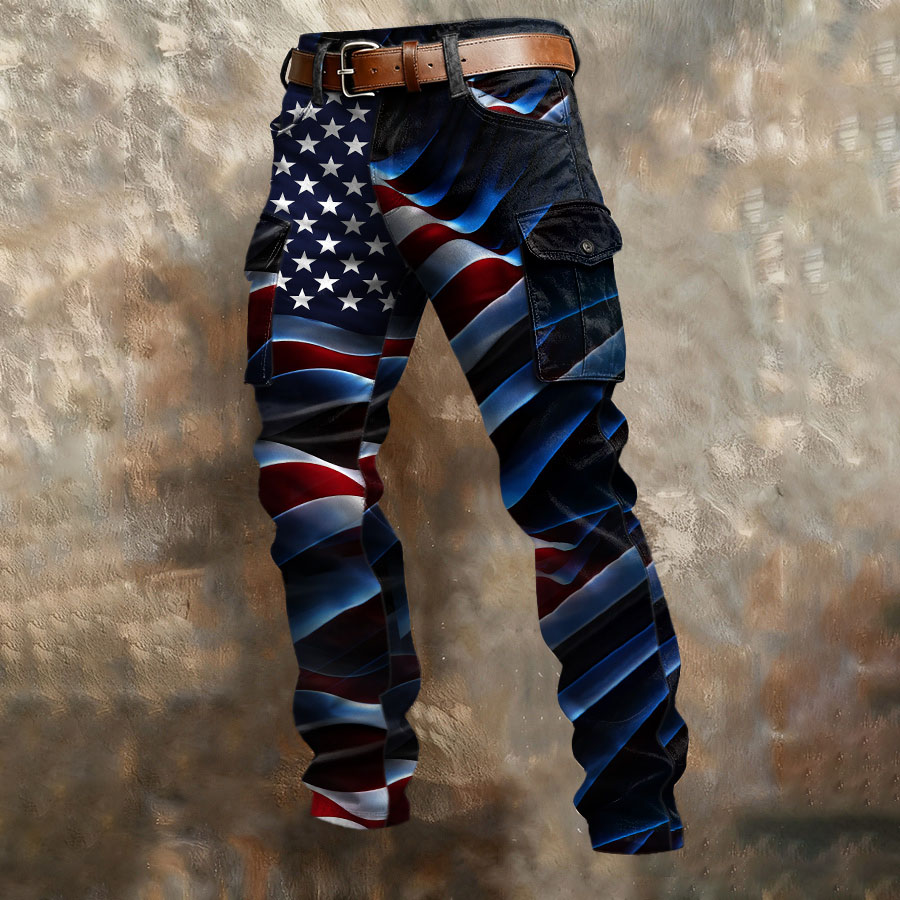 Men'S Retro American Flag Printed Multi Pocket Pants