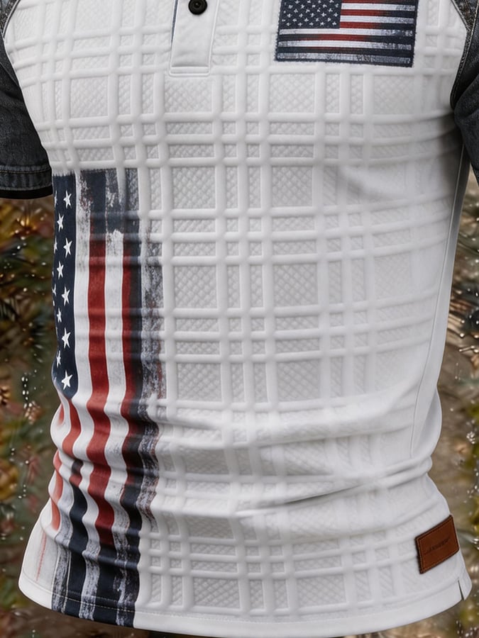Men's American Flag Print Quilted Denim Spliced Polo Shirt, Slim Fit Western Style Short Sleeve Top