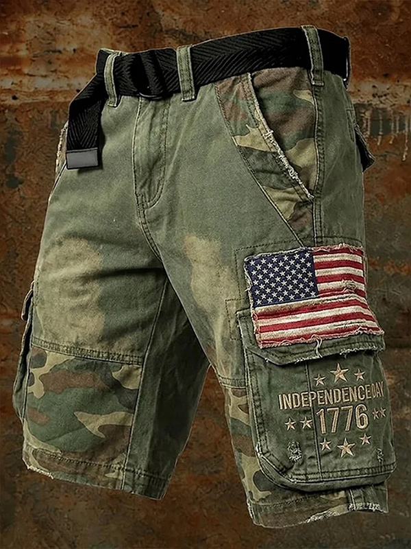 Men's Camo American Flag Independence Day 1776 Art Print Casual Shorts