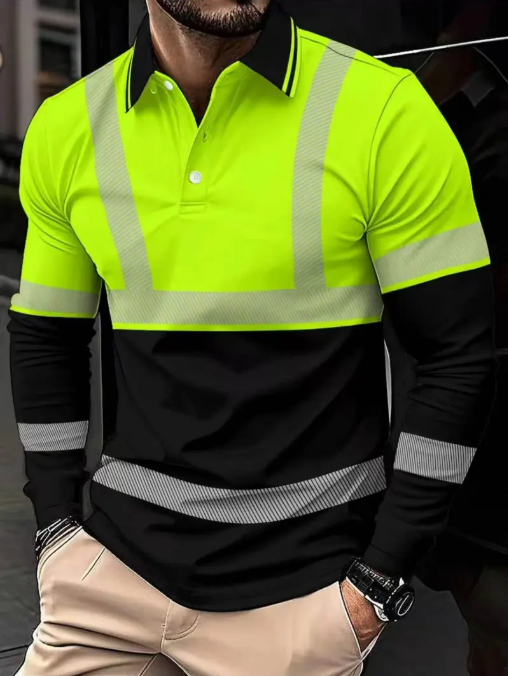 Workwear-style Casual men's long-sleeved premium fitted polo shirt -Full-width reflective stripe design