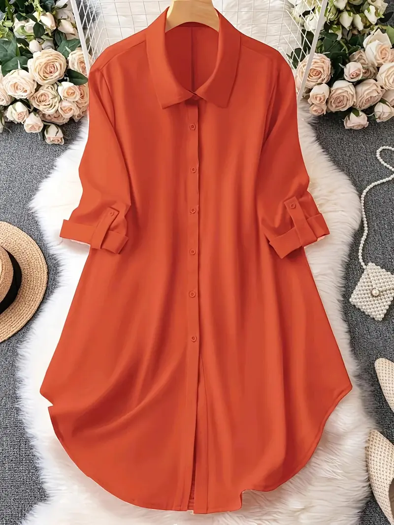 Women's Plus-Size Long Sleeve Button-Up Blouse – Elegant Collared Top for Spring & Fall Daily Wear