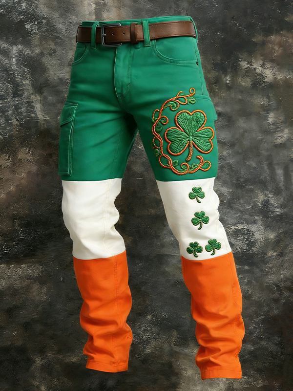 Men's St. Patrick's Day Shamrock Irish Color Block Art Print Casual Pants