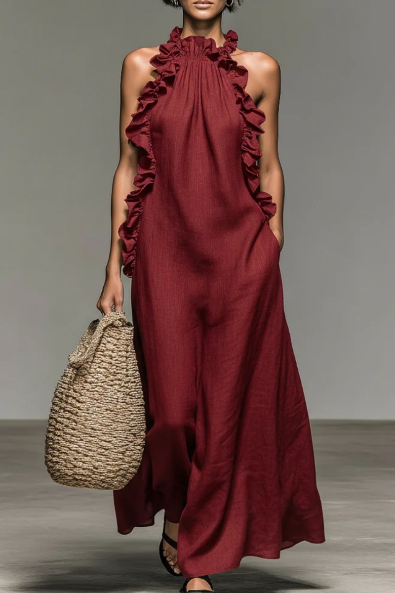 Women's Minimalist Linen-blend Sleeveless Maxi Dress With Ruffle Details