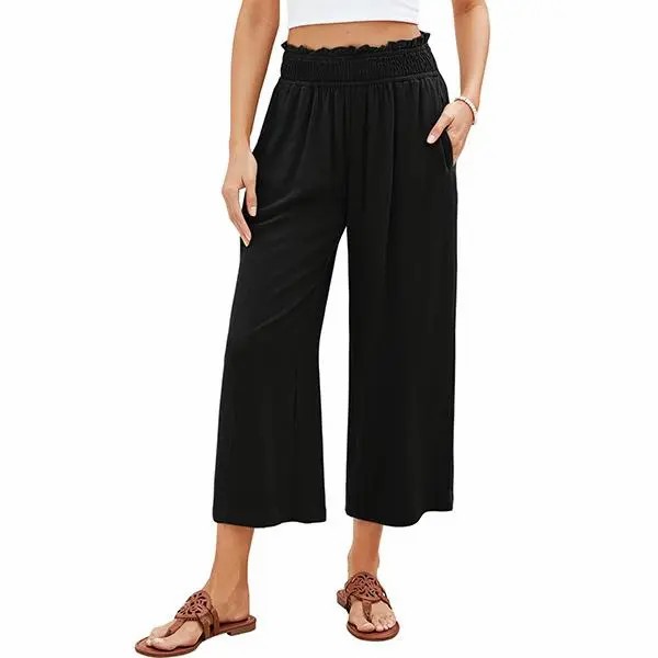 Women's High-Waisted Linen Blend Wide Leg Capri Pants