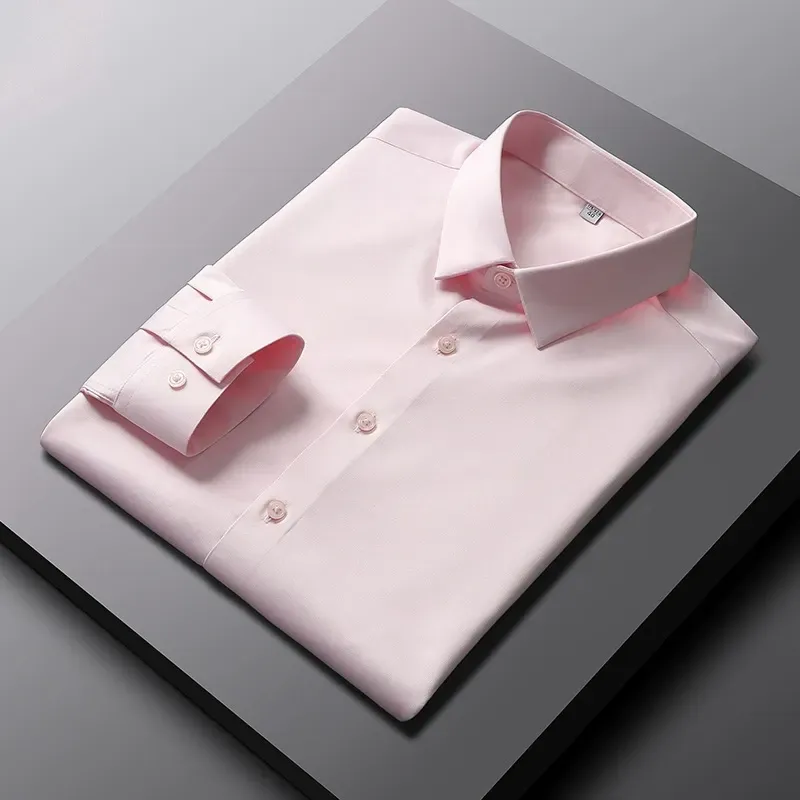 2025 New Elastic Silk White Shirt Men'S Long Sleeve Iron-Free Solid Color Breathable Casual Slim Business Men'S Shirt