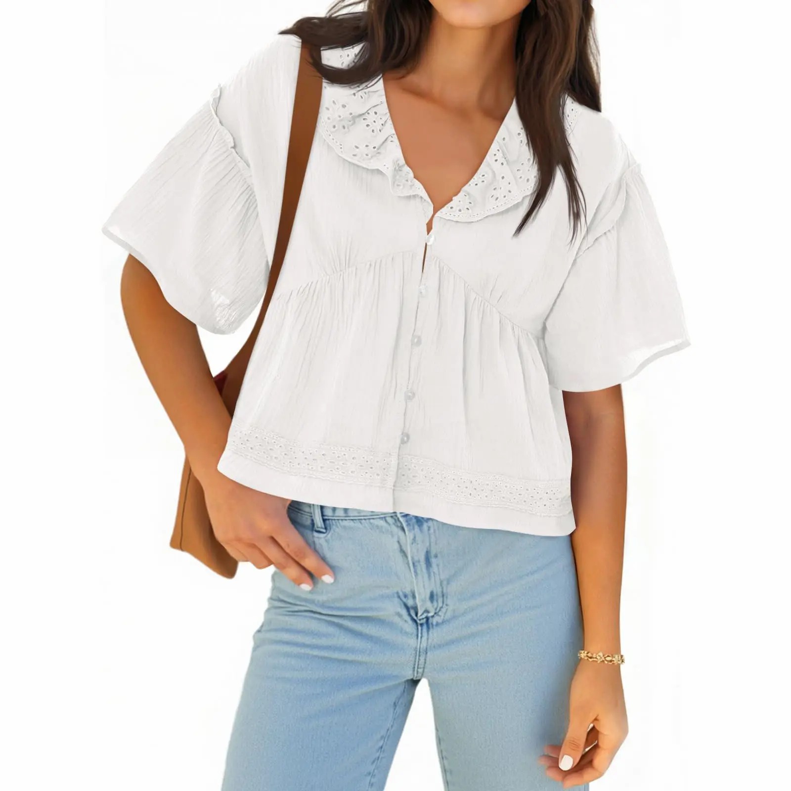 Women's Cropped Babydoll Top – V Neck Eyelet Blouse with Ruffle Sleeves & Button Front