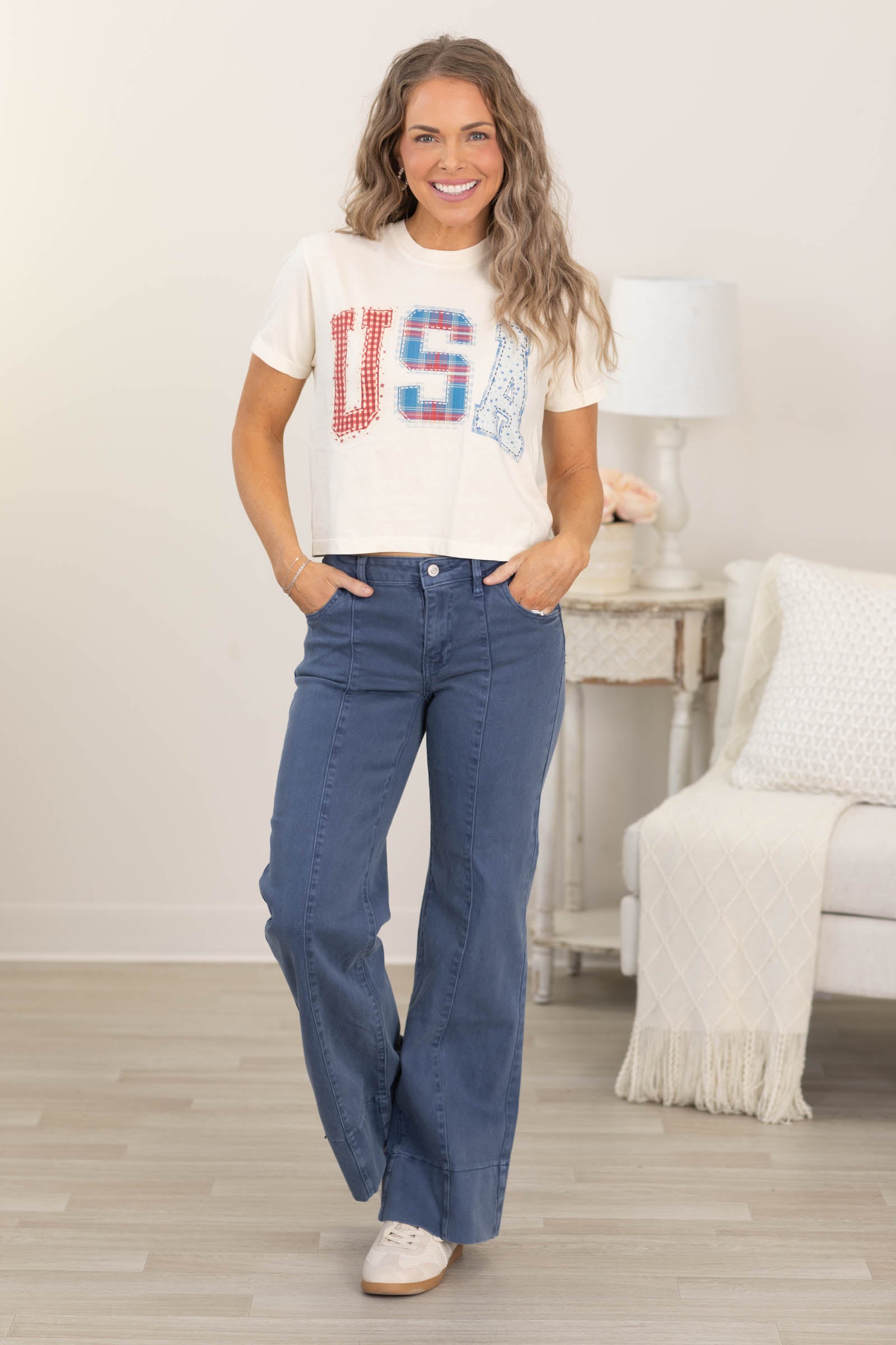 Mid Rise Wide Leg Color Denim Pants