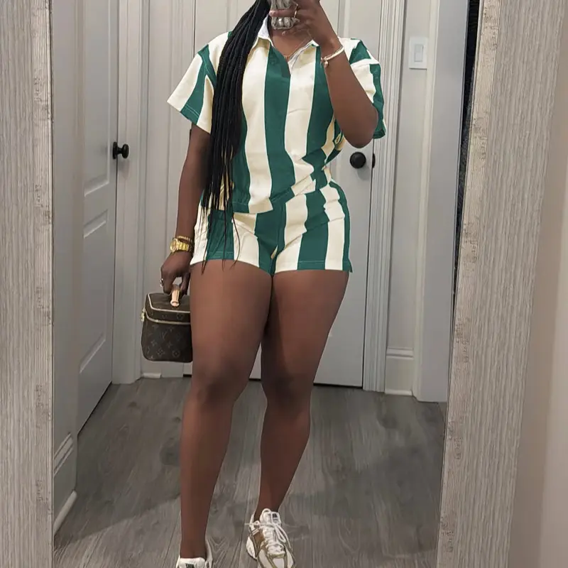 Women's 2026 Spring Two Piece Set Striped Short Sleeve Top & Drawstring Shorts Casual Outfit for Comfort