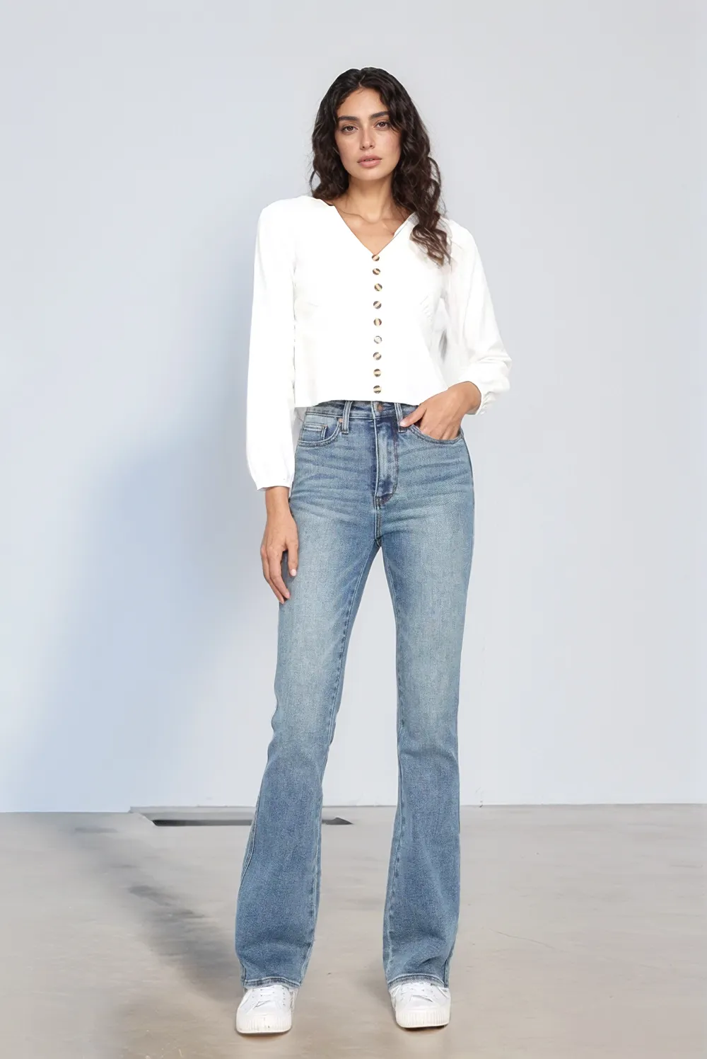 Blue Full Size Tummy Control Back Embroidered Pocketed Bootcut Jeans Plus Size