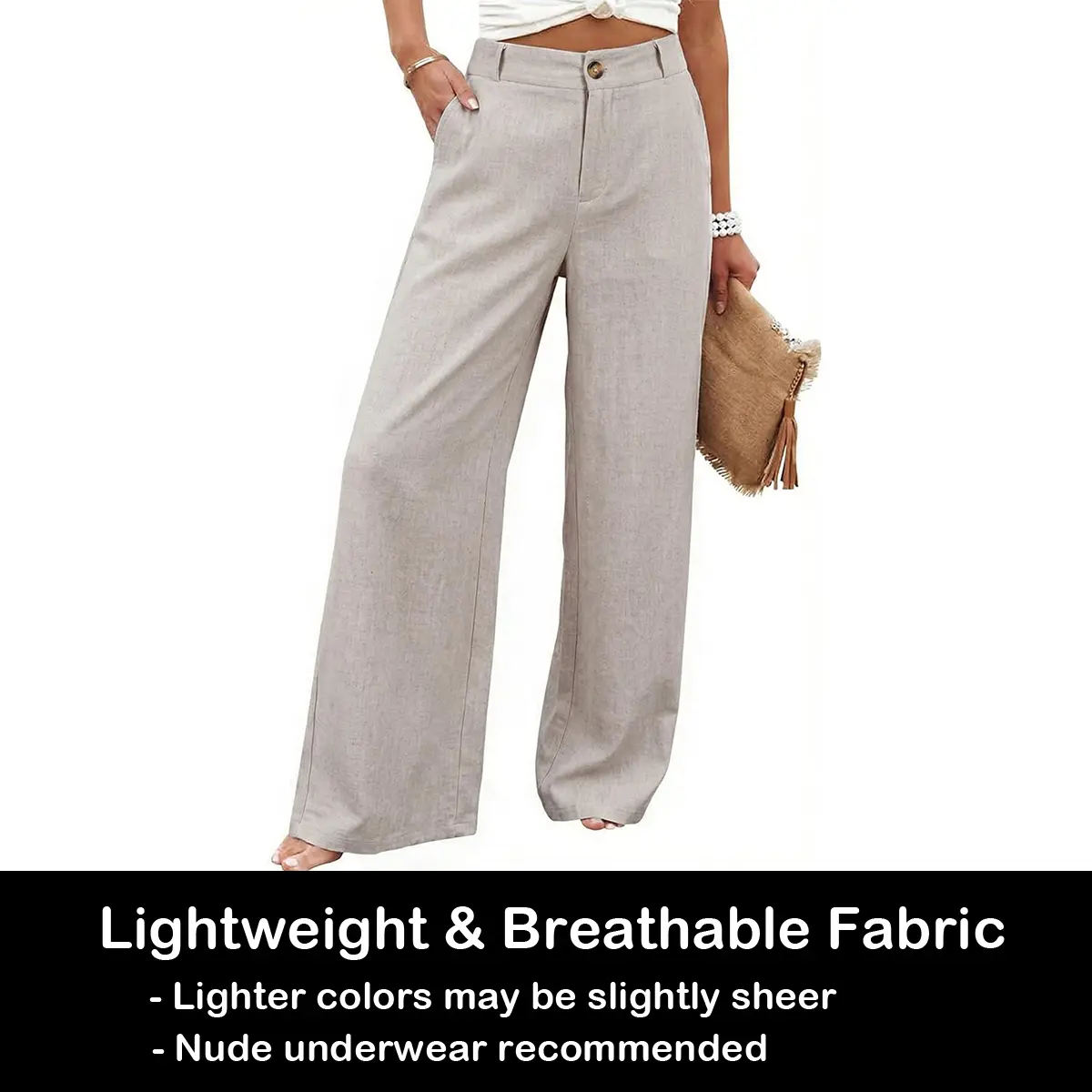 Tanming Women's Cotton Linen Bottoms - High-Waisted, Wide-Leg, Button-Up Pants, Minimalist Basic Breathable Fabric, Casual Loose Comfy Summer Beach Trousers