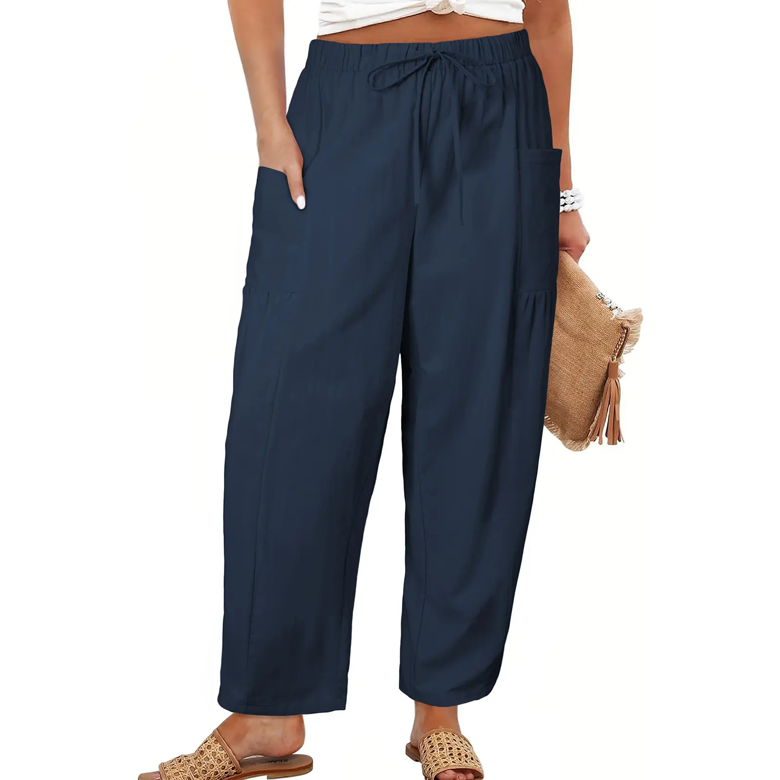 Women's Plus-Size Wide-Leg Pants — Pure Cotton Loungewear with Pockets