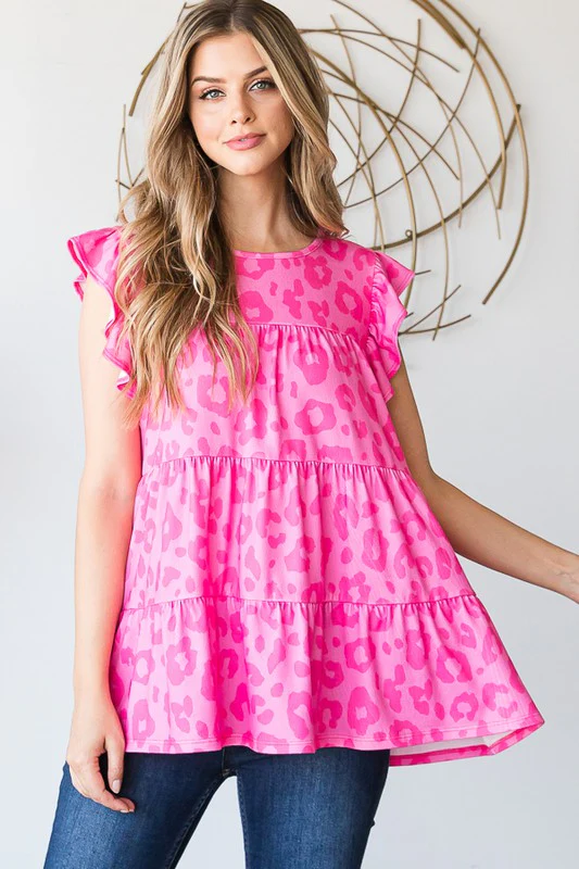 Tiered Leopard Round Neck Blouse with Ruffled Detail