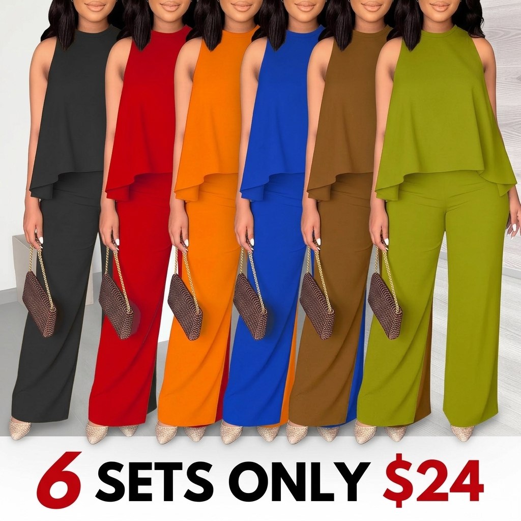 Women's Spring-Summer Set:Lightweight Flowy Halter Two-Piece with High-Waisted Wide Leg Pants–Comfortable