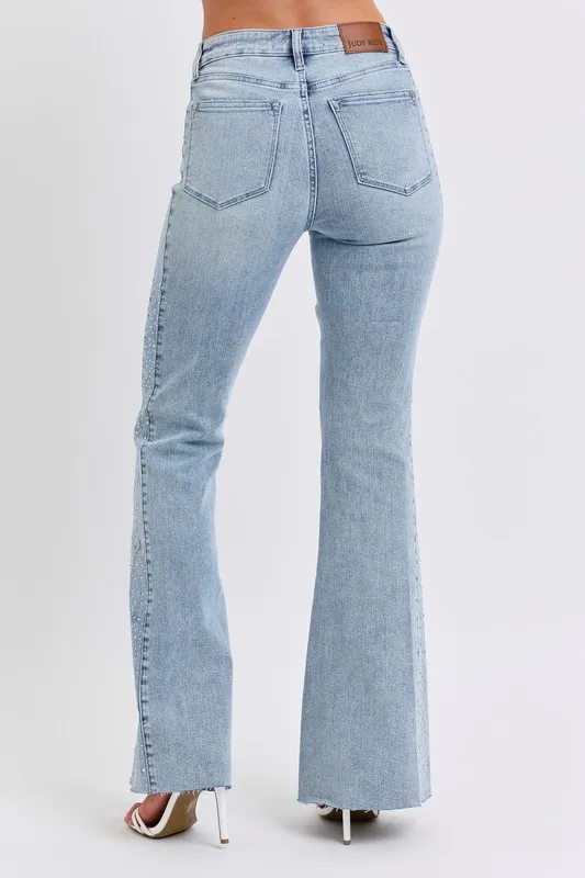 Blue Full Size Midi Rise Rhinestone Side Panel Detail Flare Jeans Plus Size
