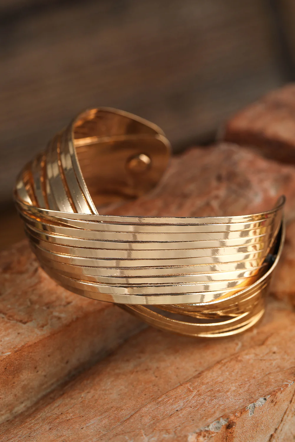 Gold Textured Crossover Metal Cuff Bracelet