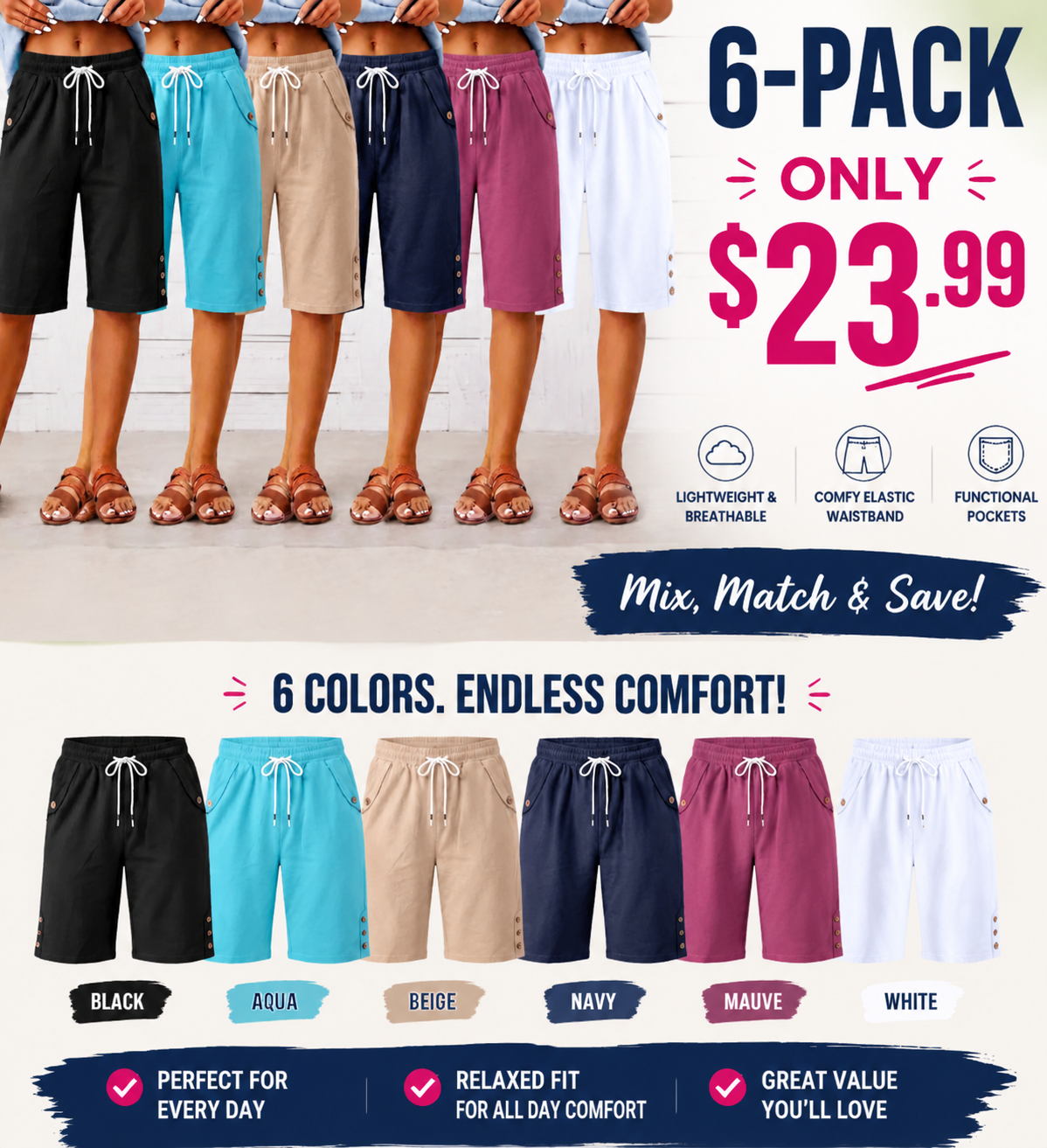 Women's Loose Bermuda Shorts – Elastic Waist with Drawstring