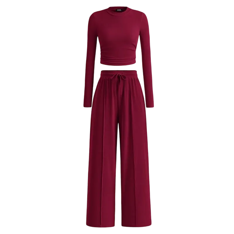 Ribbed Knit Long Sleeve Crop Top Wide Leg Pants